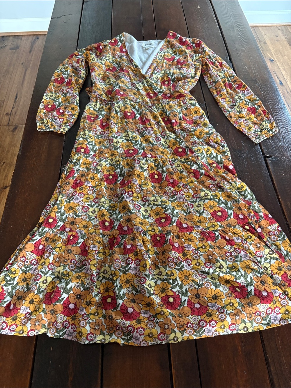 Long Sleeve Floral Wrap Maxi Dress in Mustard and Red